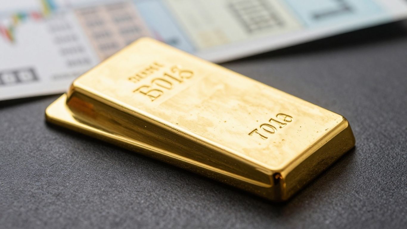 金錠和模糊的交易大廳背景。
