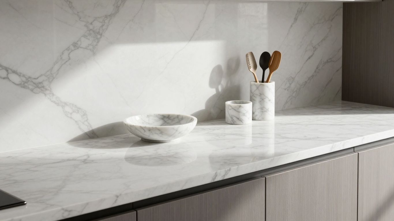 Elegant marble kitchen countertop and accessories.