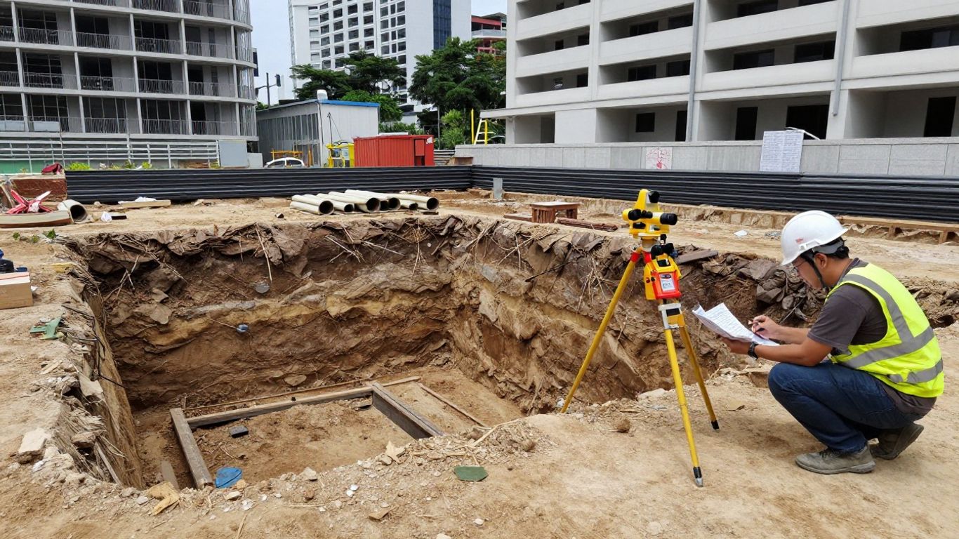 Engineer reviewing borehole records beside excavation plans