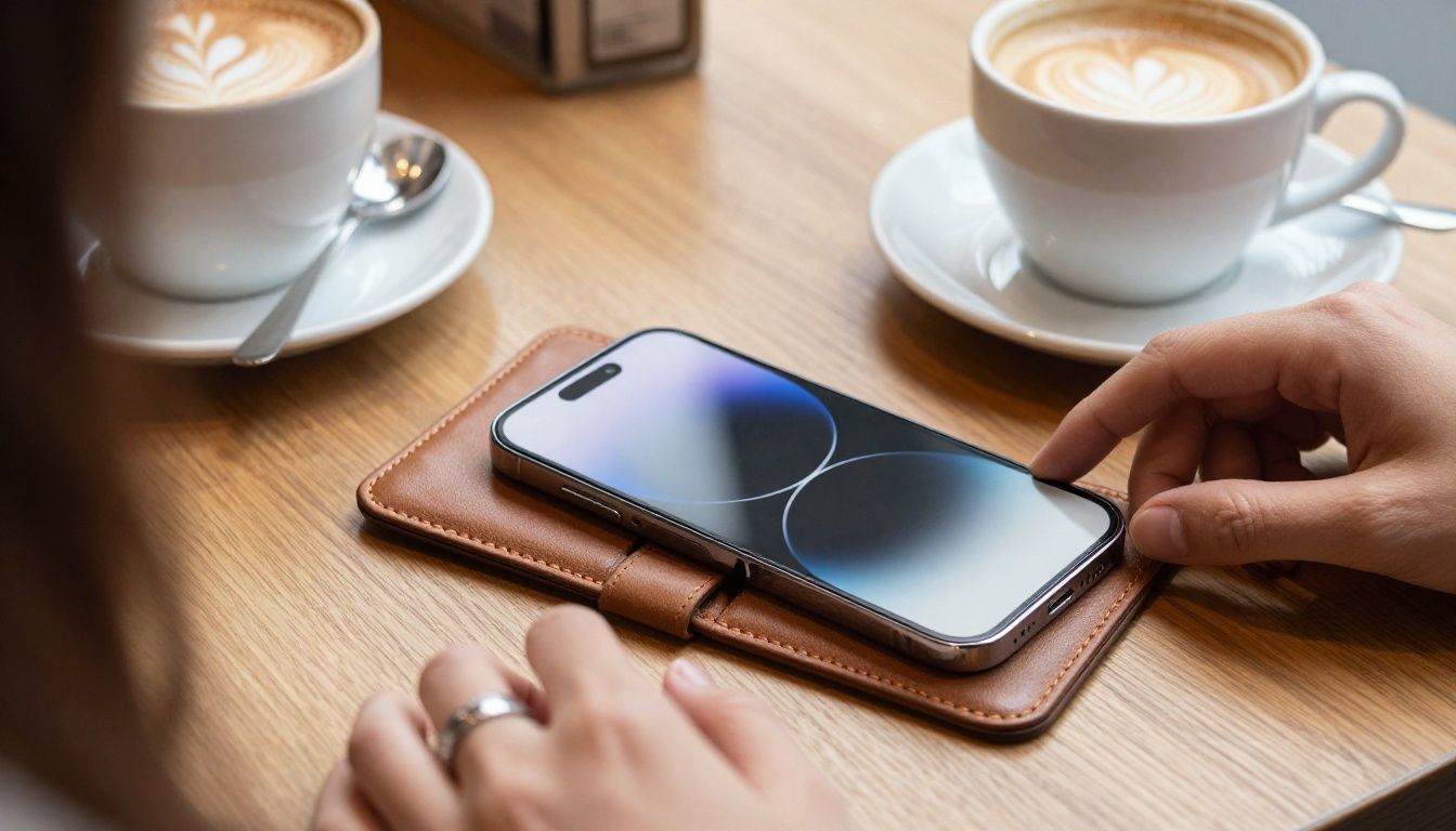 A person sitting at a cafe in Melbourne, placing their iPhone 14 Pro Max in a leather wallet case on the table next to their coffee