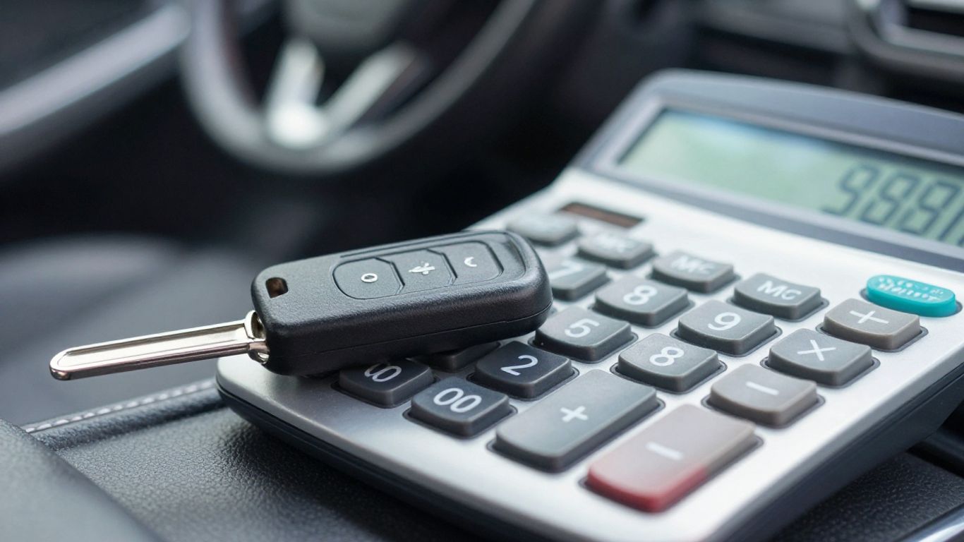 Car key on calculator, auto loan payment concept.