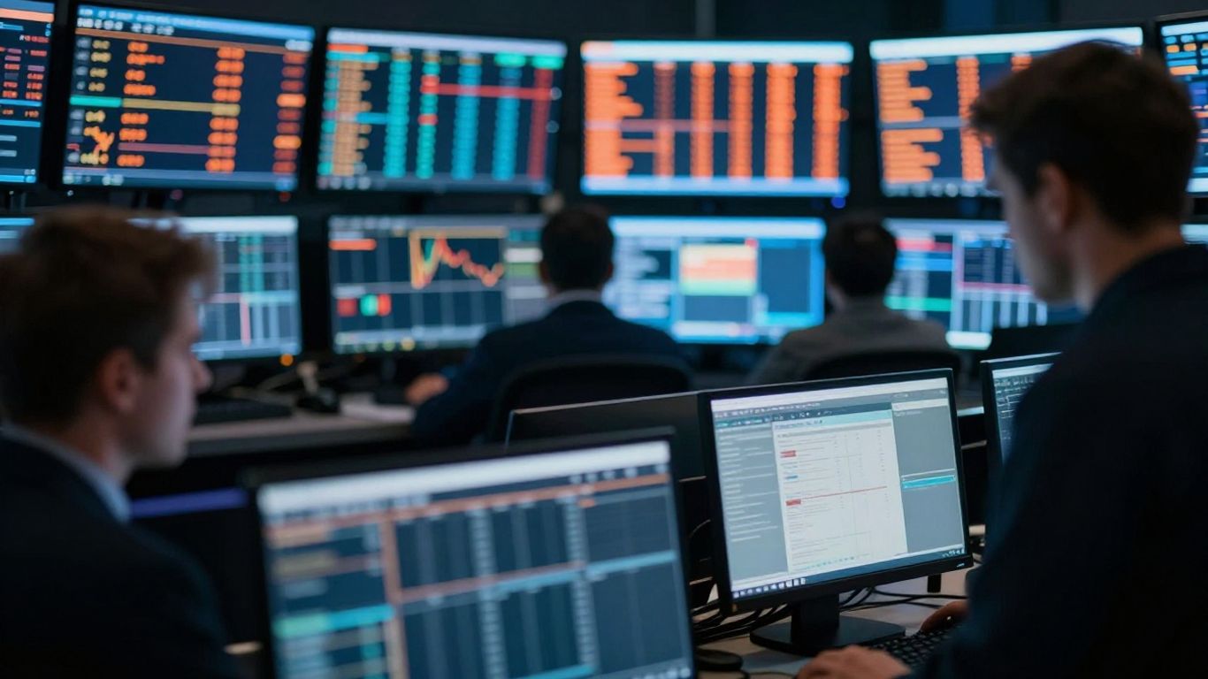 Forex market trading floor with glowing screens.