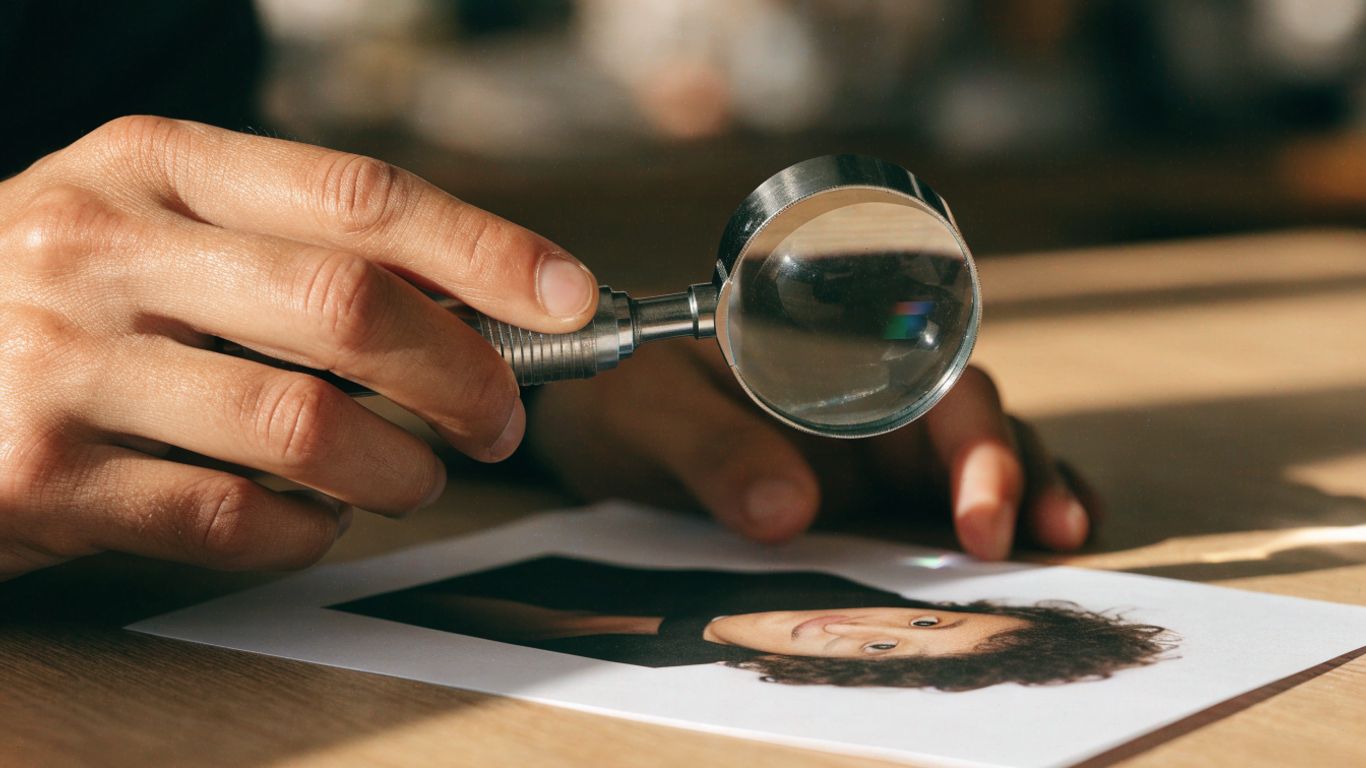 A hand inspecting a photograph under a magnifying lens