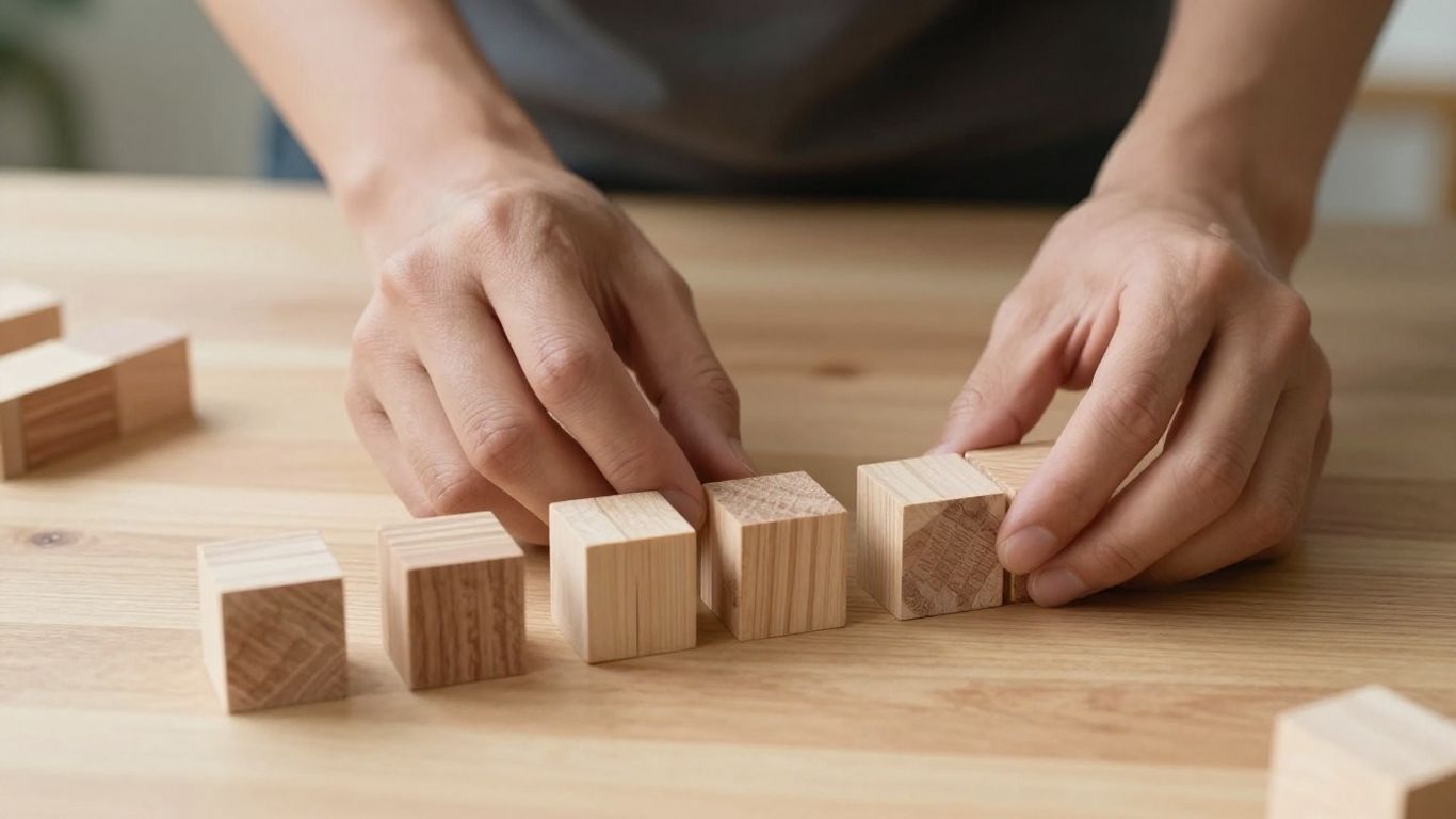 Hands building a chain of blocks