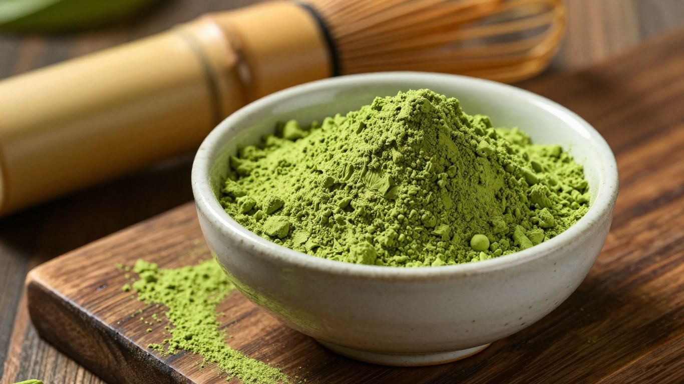 Vibrant green matcha powder in a bowl with a whisk.