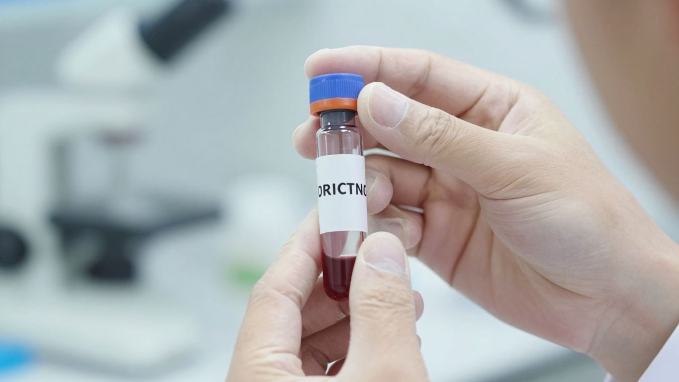 Medical professional holding blood sample vial in lab.