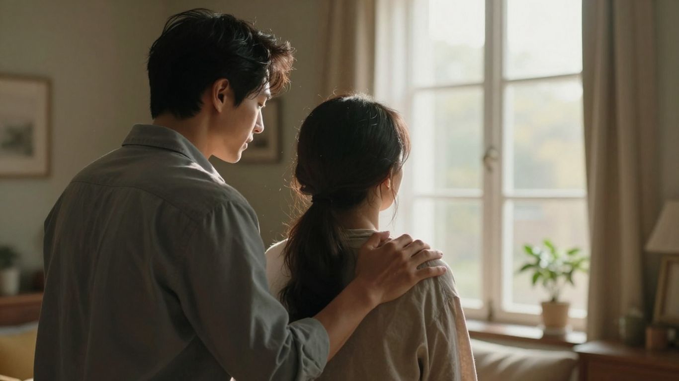 Couple sharing a quiet, supportive moment at home.