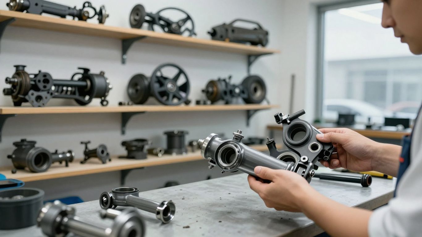 Volkswagen car parts and mechanic's hands in workshop.