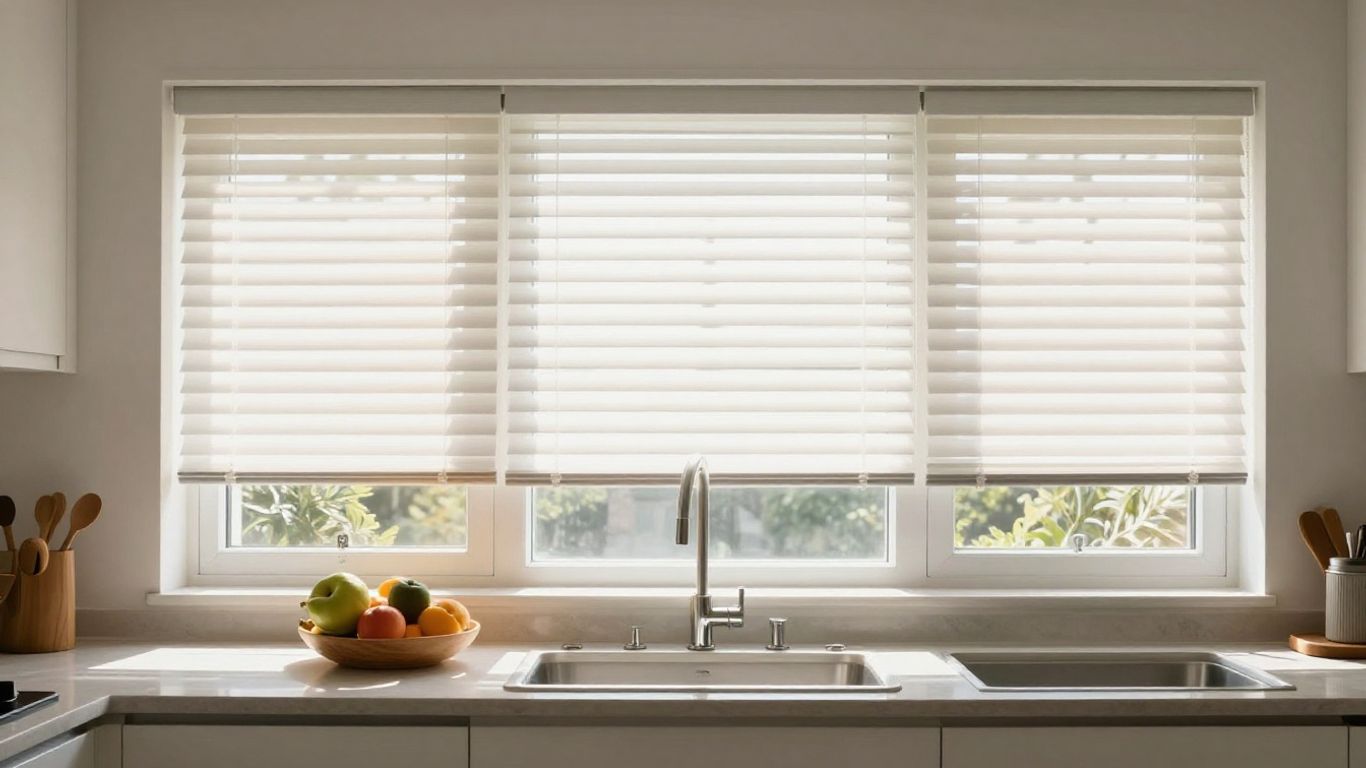 Bright kitchen window with elegant, light-filtering blinds.