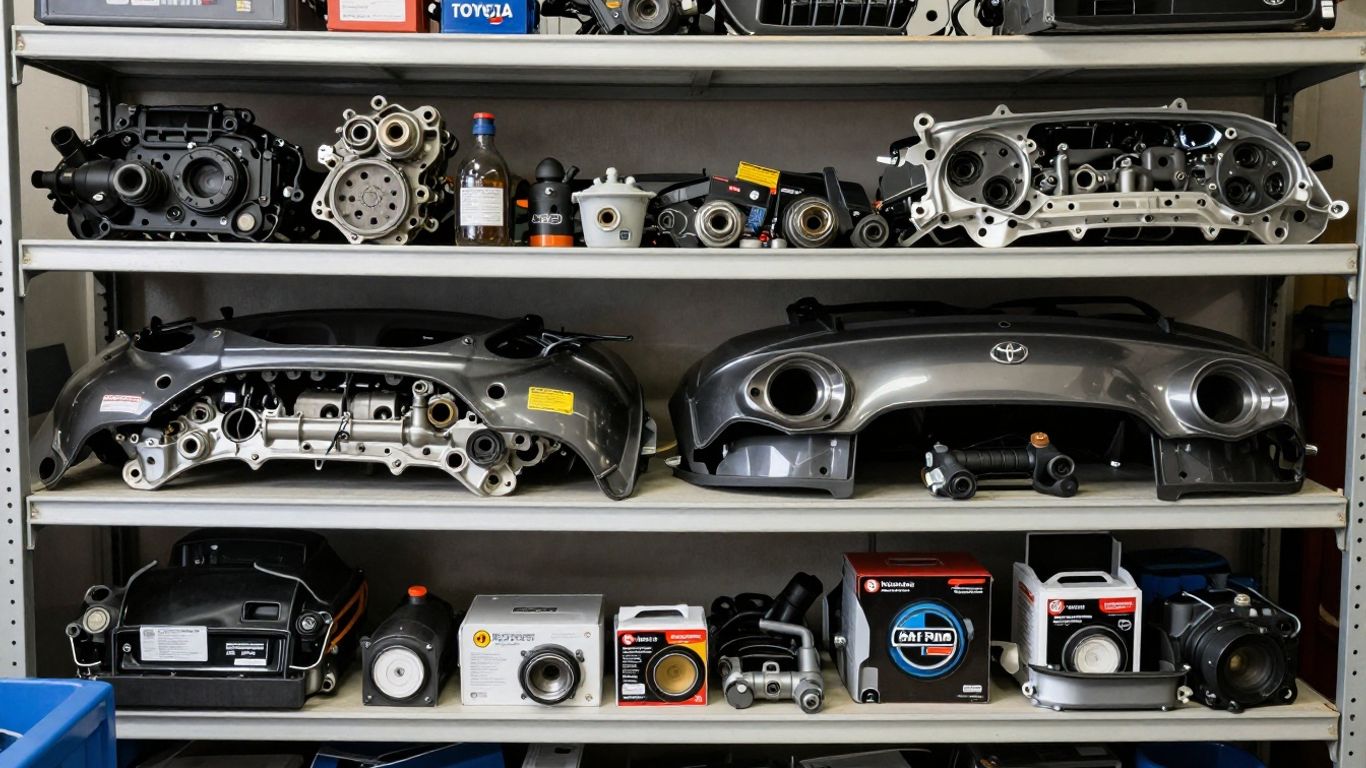 Genuine Toyota Camry parts displayed in a garage setting.