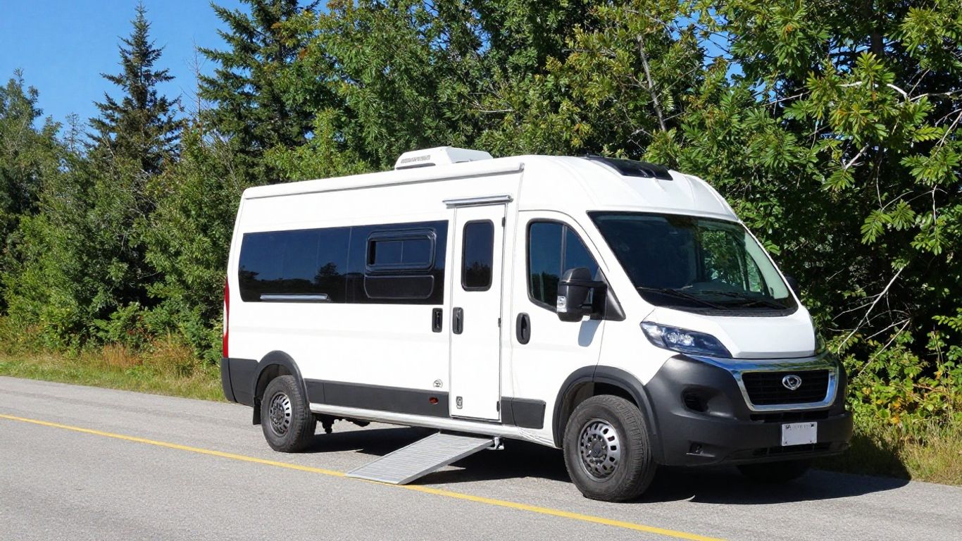 Accessible motorhome parked in scenic Canadian landscape.
