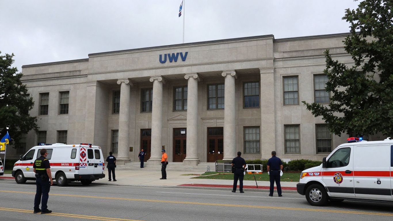 UWV gebouw met politie en ambulance.
