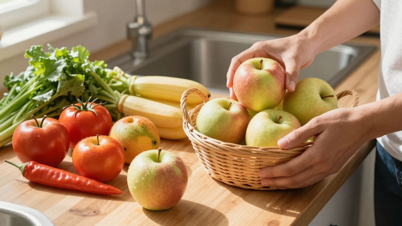 Frutas e vegetais frescos em uma cozinha iluminada.