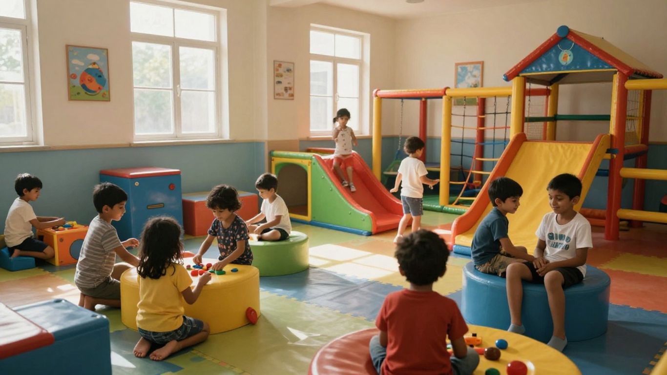 Kinderen spelen vrolijk in een kleurrijke indoor speelruimte.