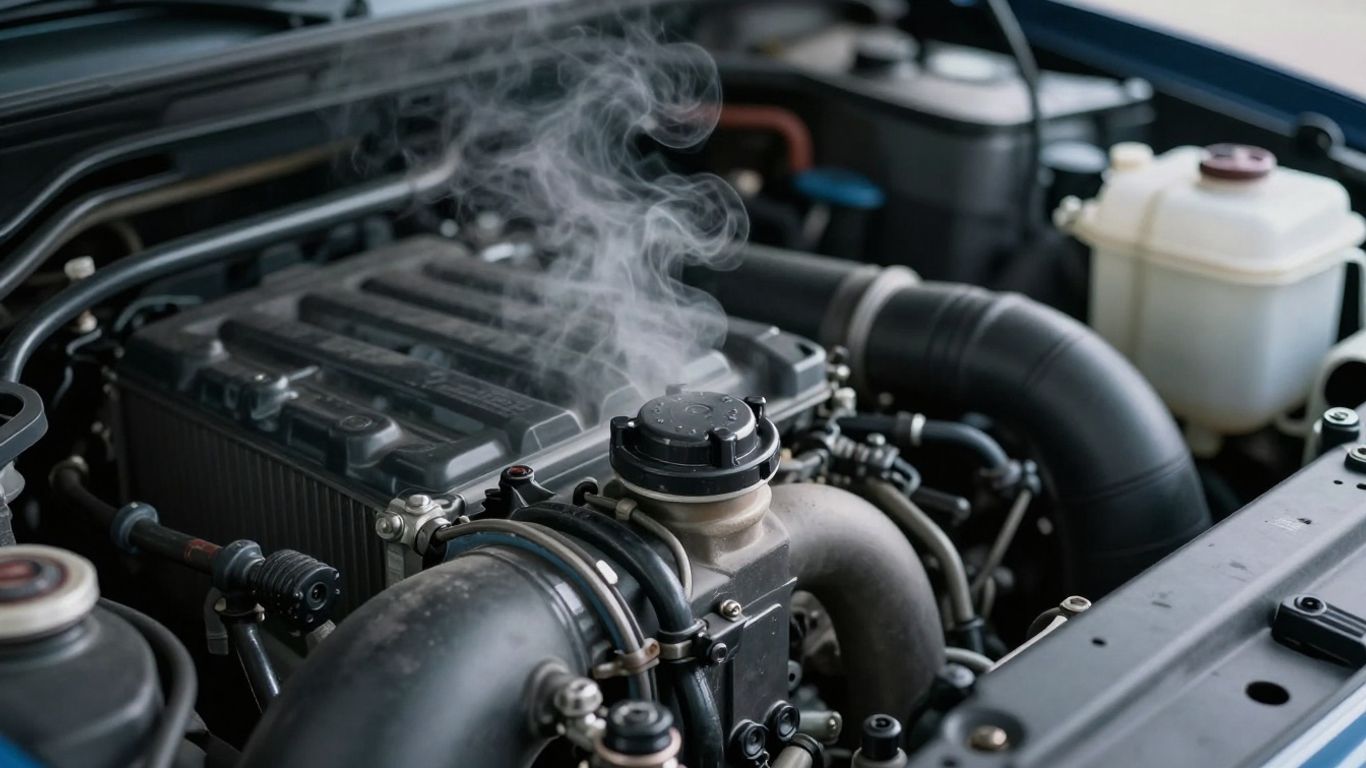 Car engine cooling system with steam rising from radiator.