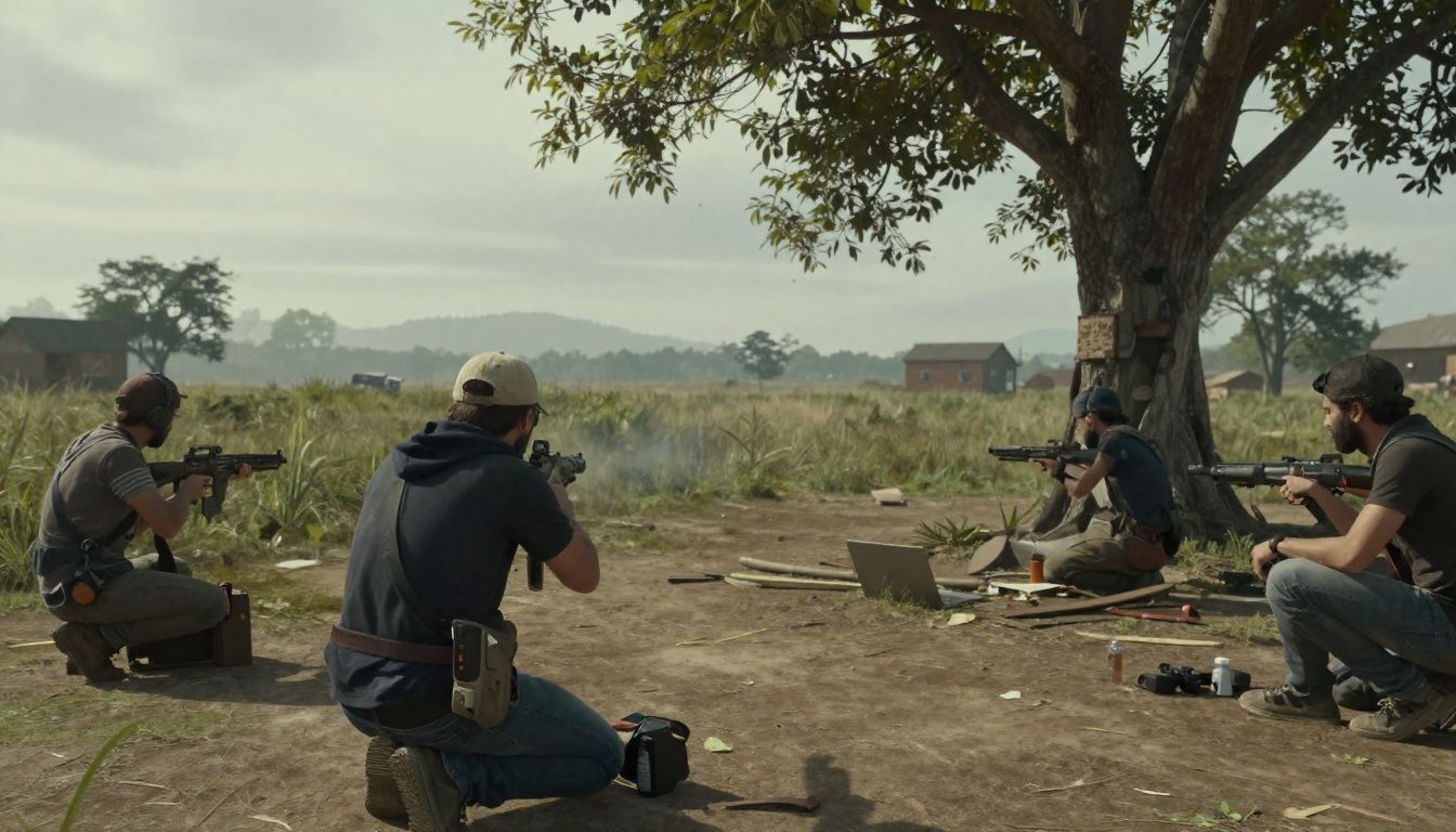 Um jogador equipado observando o horizonte em uma paisagem de Battle Royale