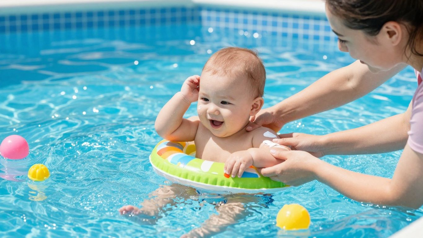 Bebé feliz en la piscina con protector solar.