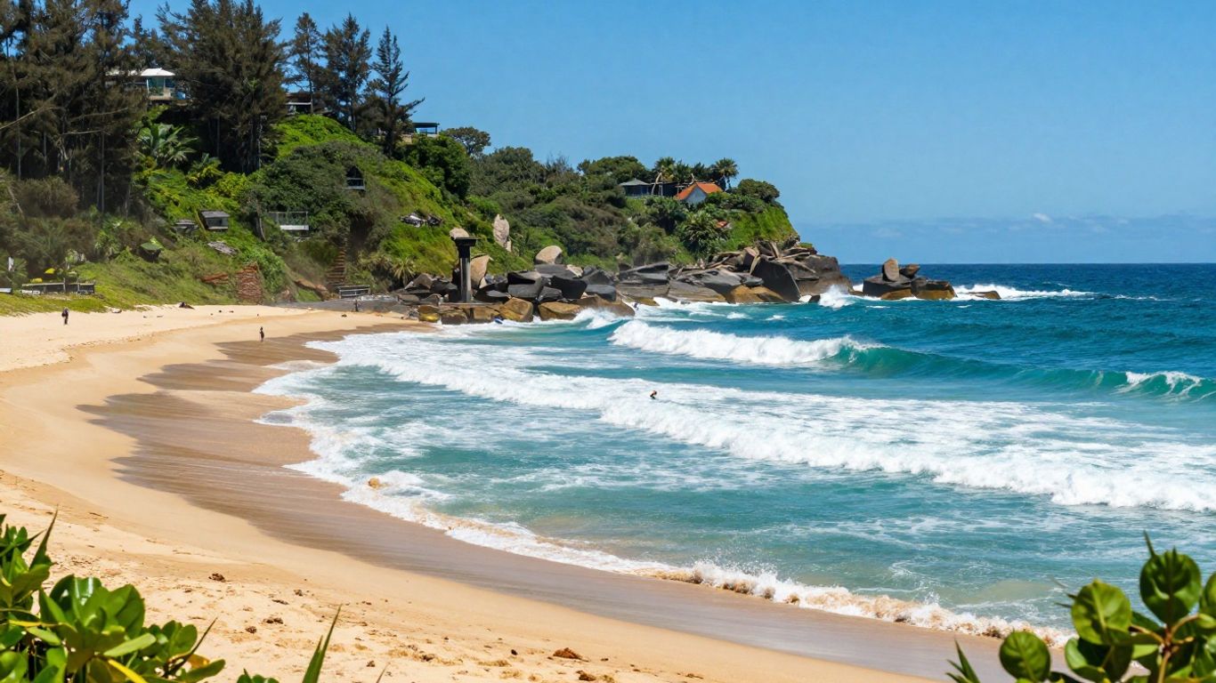 Snapper Rocks surf break with crashing waves and sandy beach.