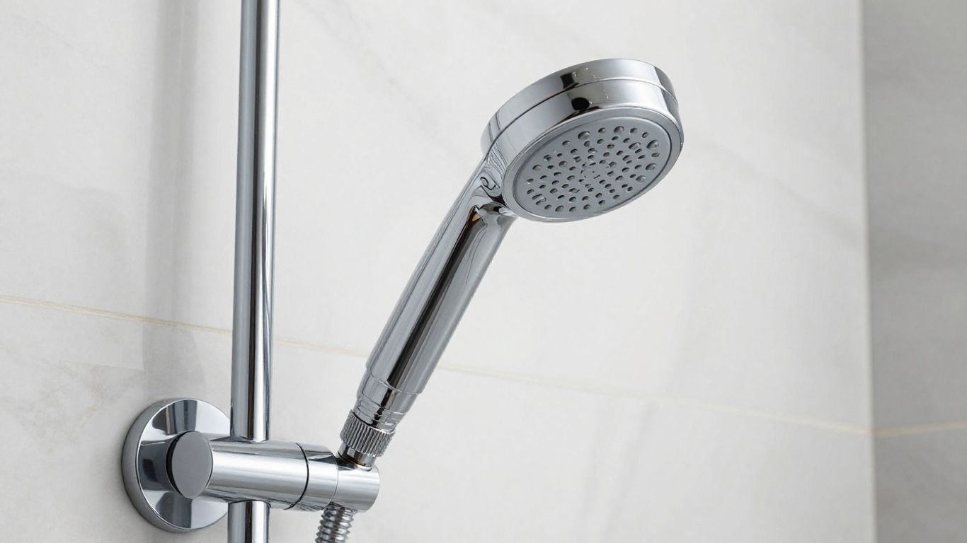 Close-up of a modern chrome showerhead installation