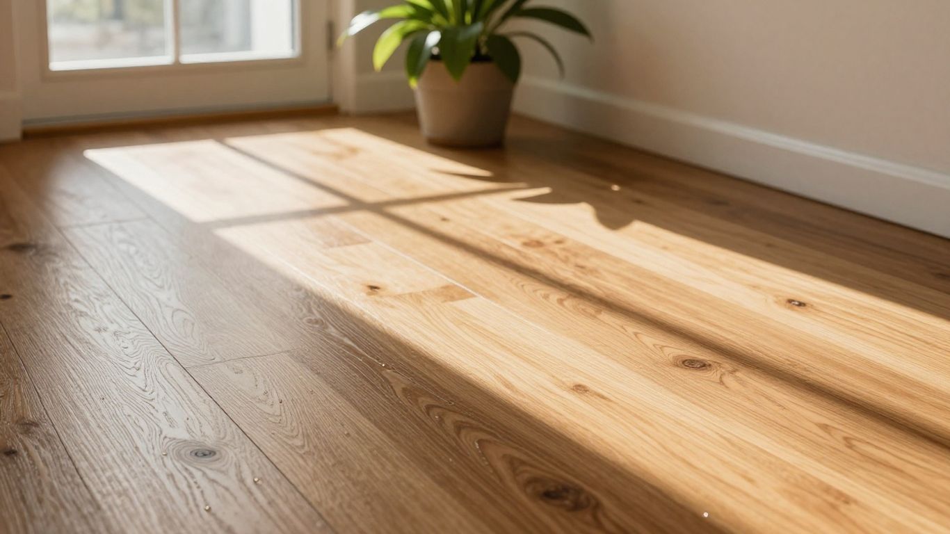 Hardwood floor with moisture, sunlight, and plant.