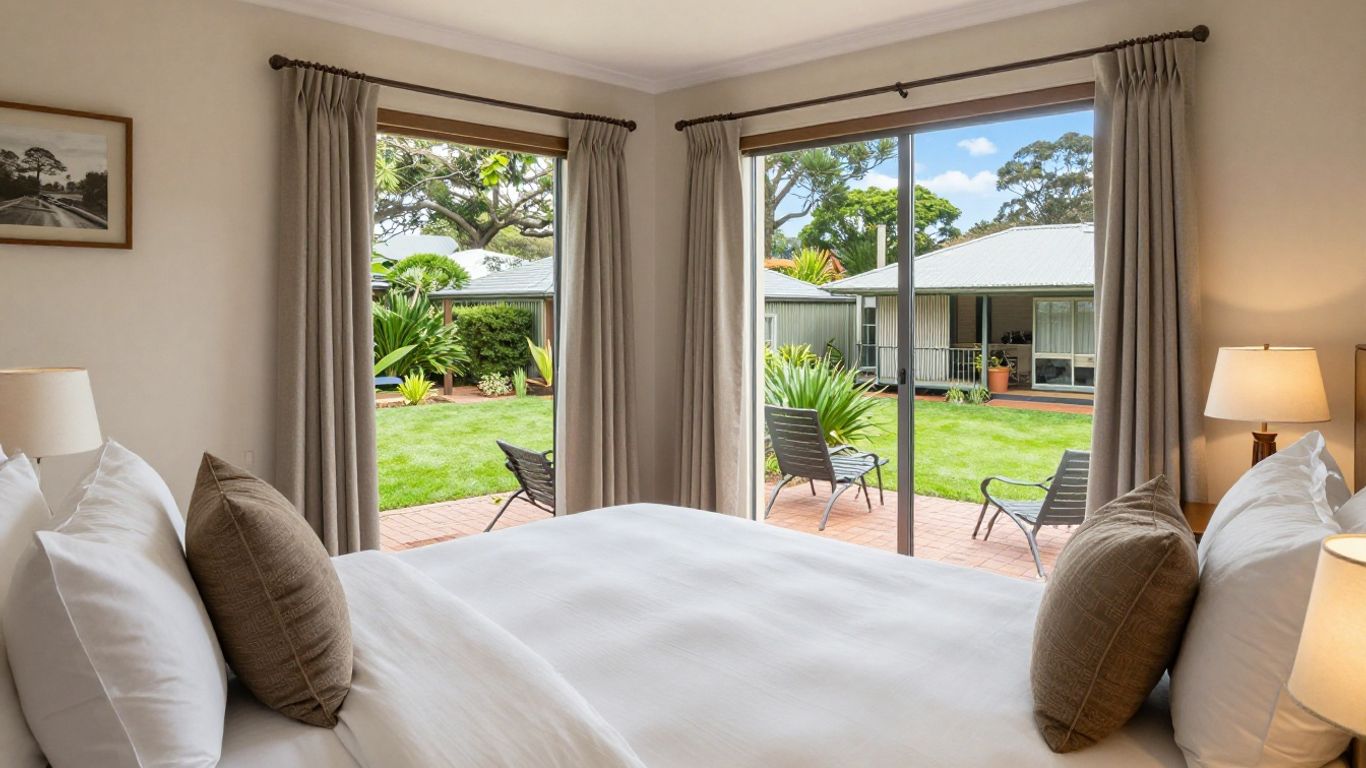 A cozy hotel room overlooking a garden