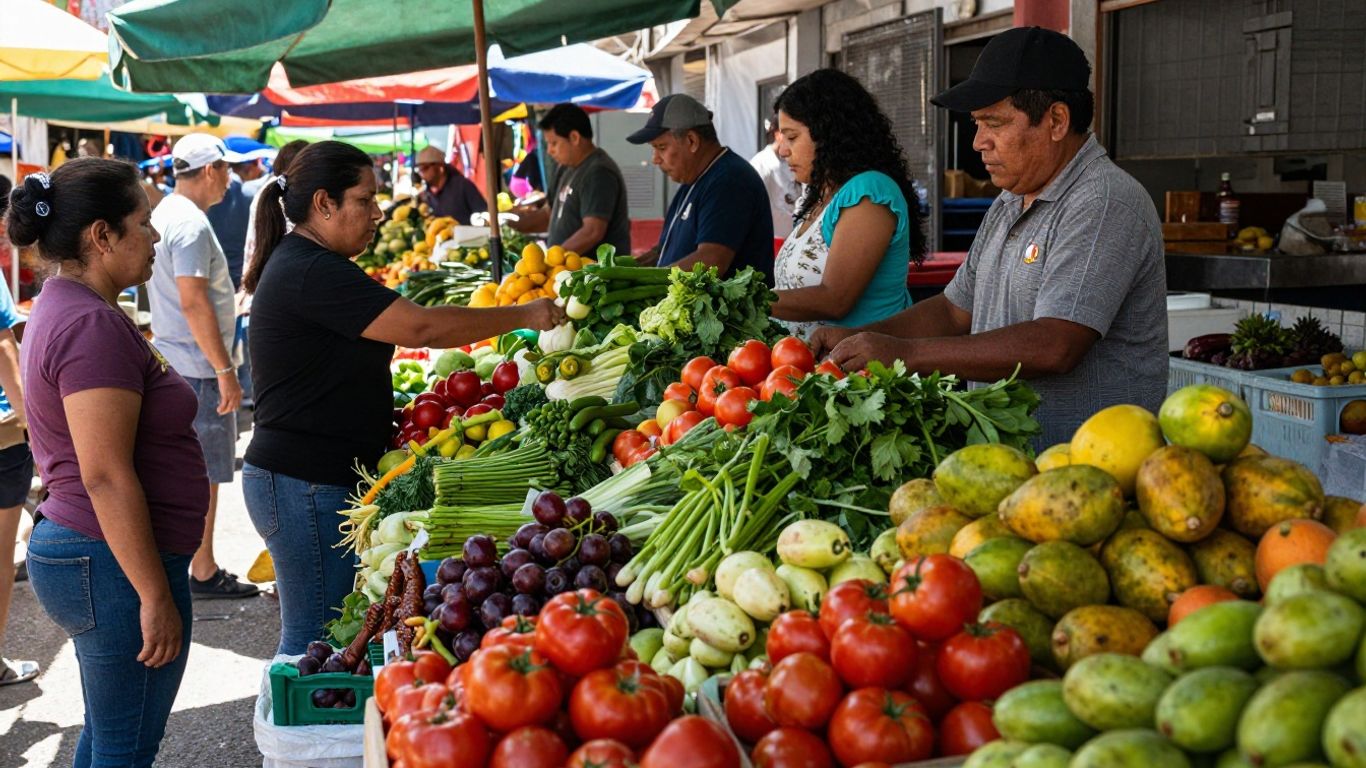Oamenii cumpărând produse proaspete la o piață locală vibrantă.