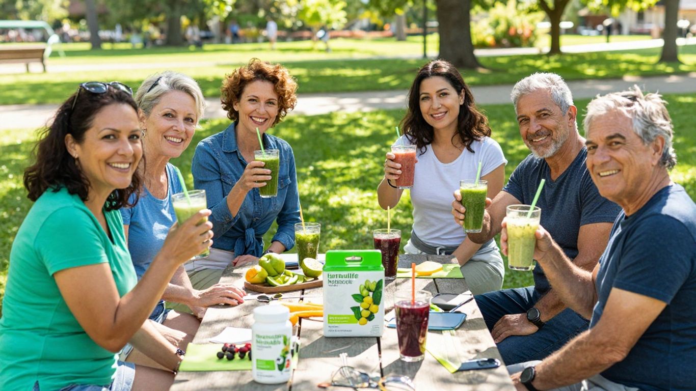 Group sharing Herbalife smoothies outdoors in sunny park.