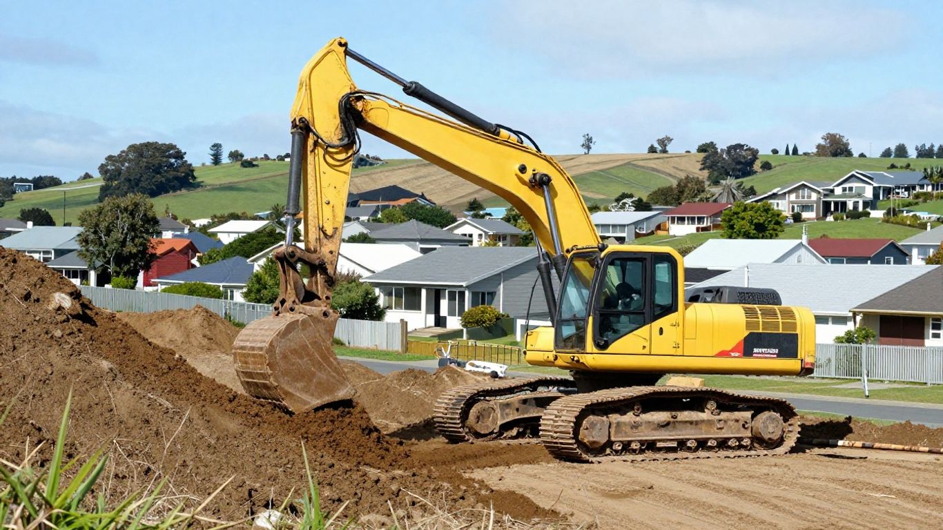 Heavy equipment operating on residential building platform
