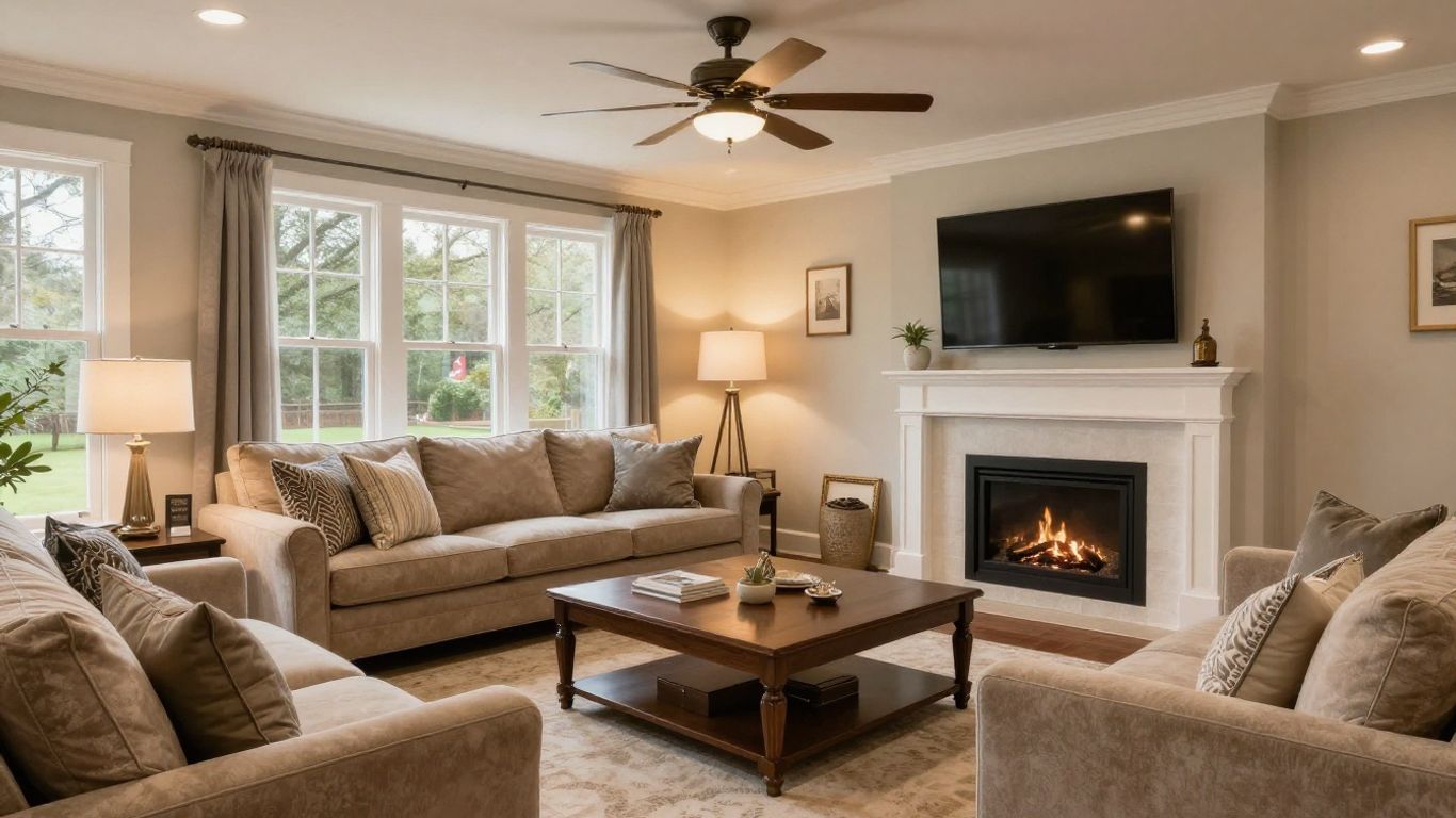 Luxurious finished basement living area with comfortable seating.