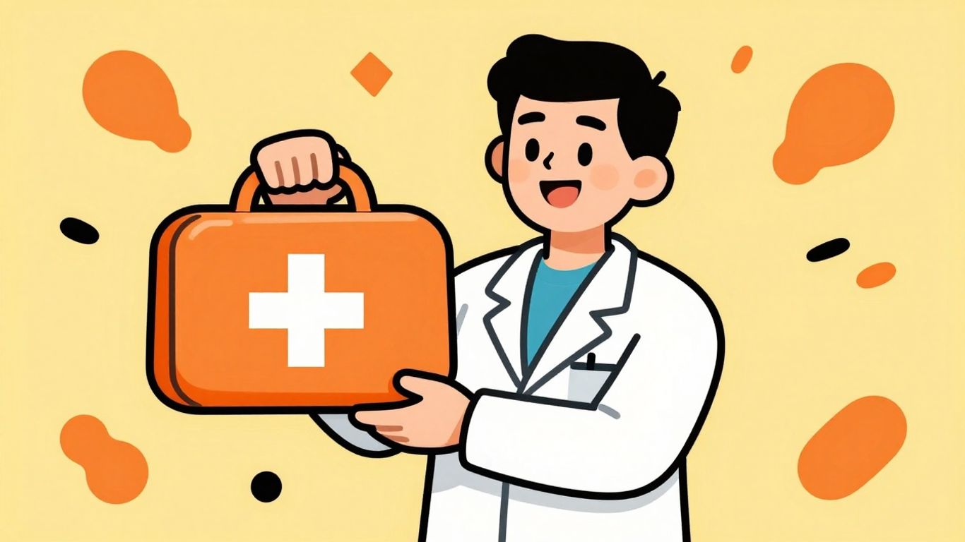 Cartoon doctor with medical bag and cross