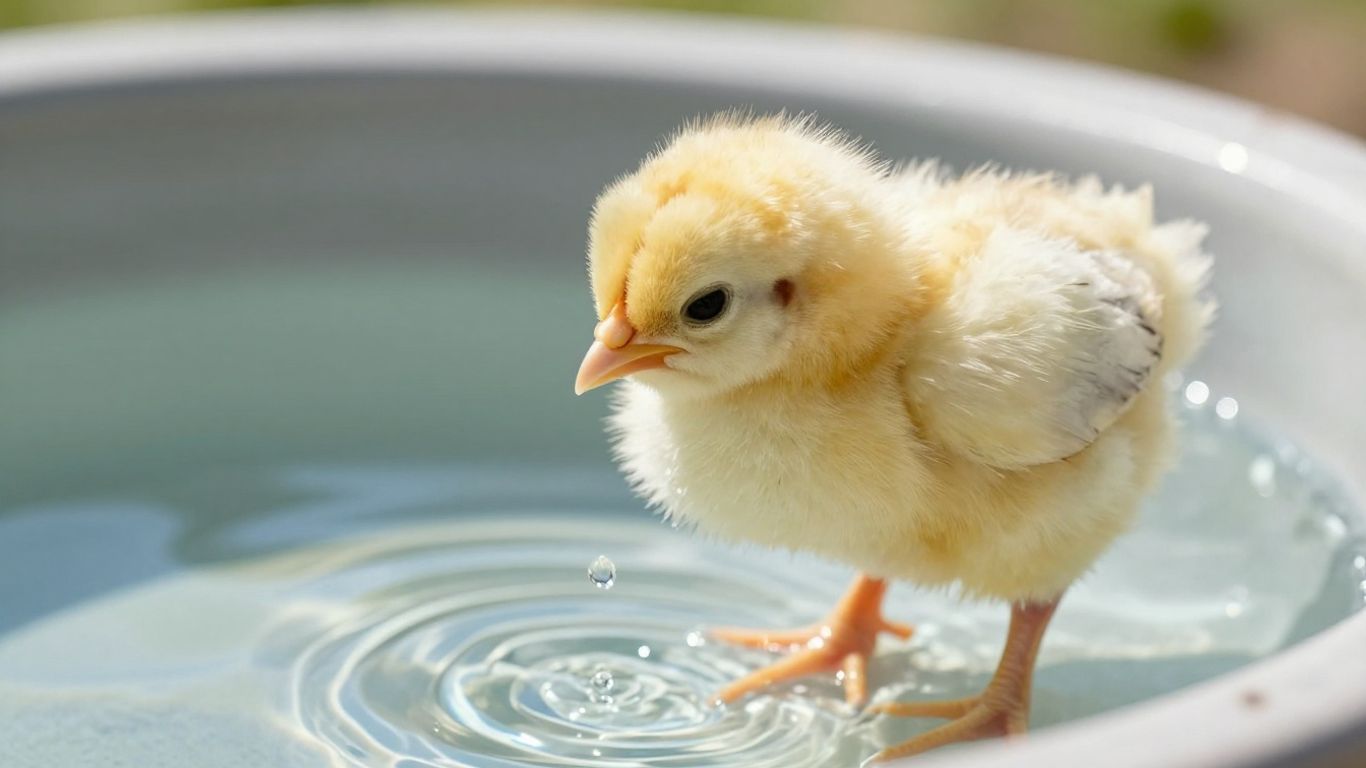 Kurczak pijący czystą wodę z poidełka.