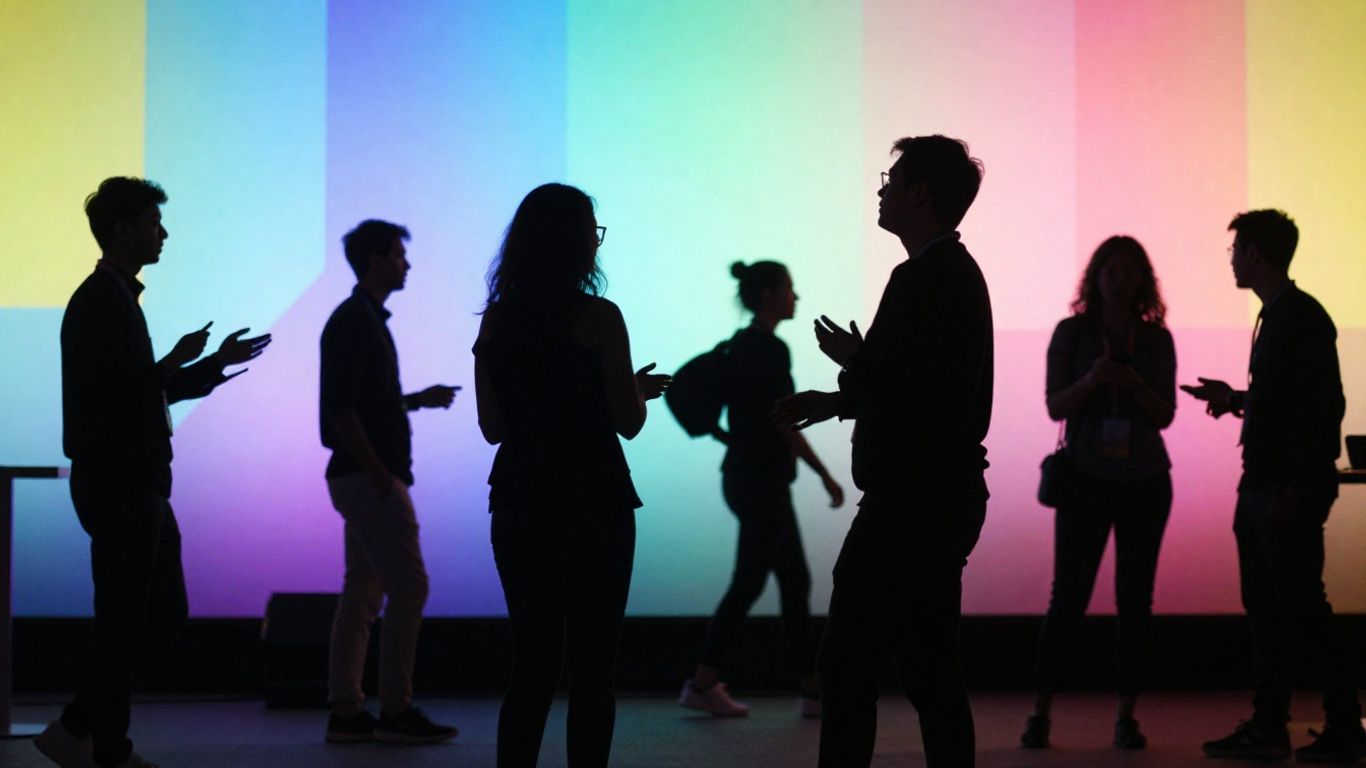Tech conference with blurred stage lights and audience silhouettes.