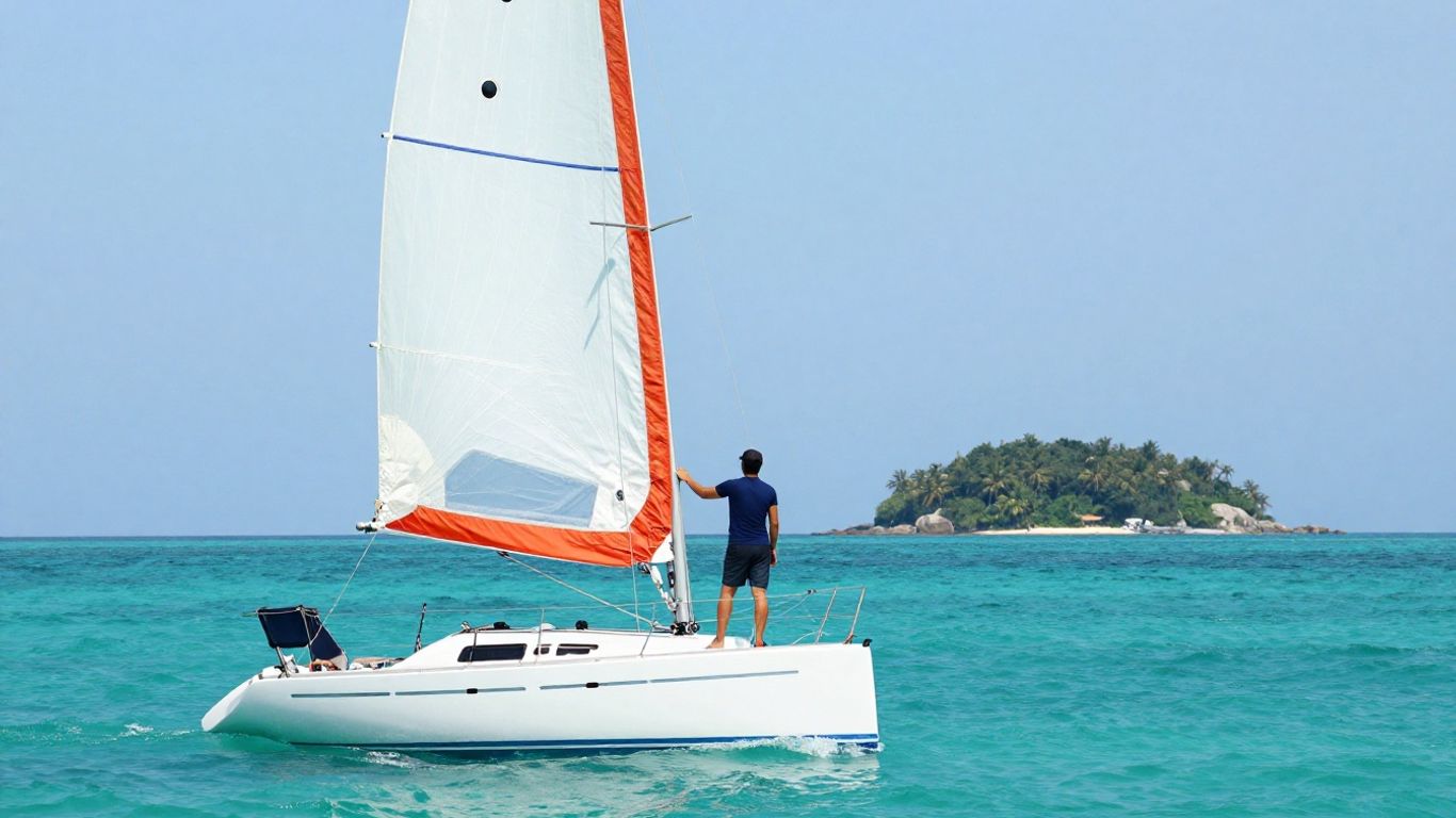 Sailboat on turquoise water near an island.