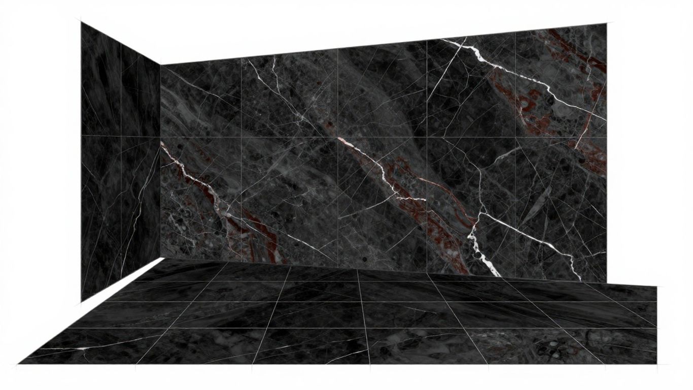 Boceto de baldosas negras y mármol Rosso Levanto.