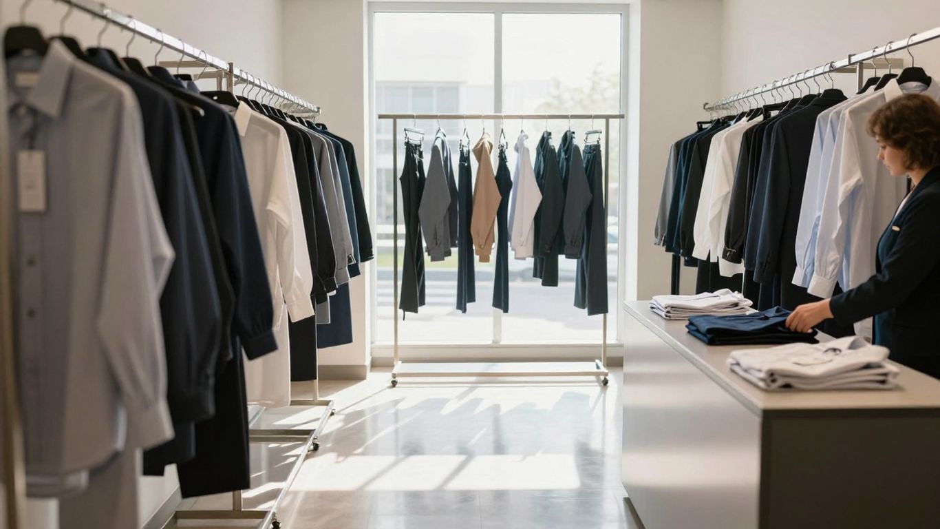 Modern dry cleaner interior with clean clothes and sunlight.