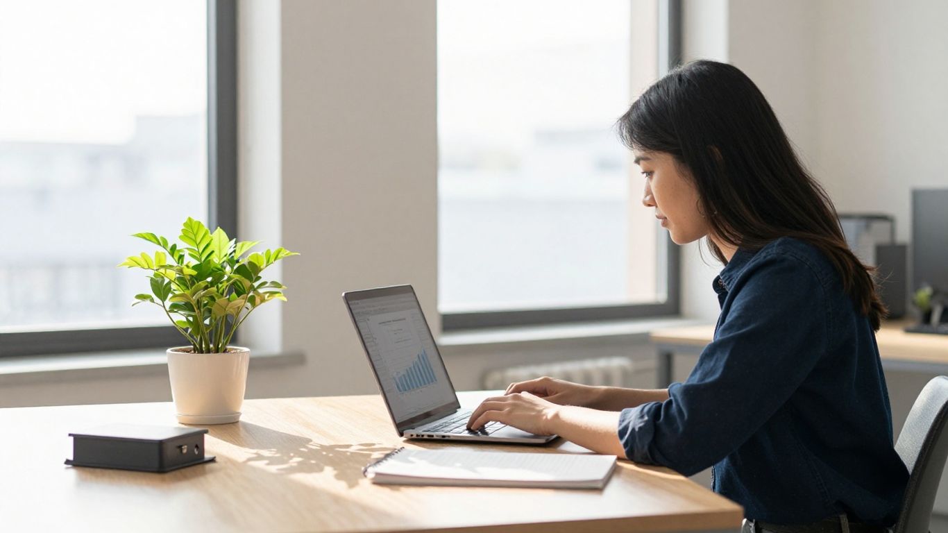 Person working on laptop in a bright, modern office.