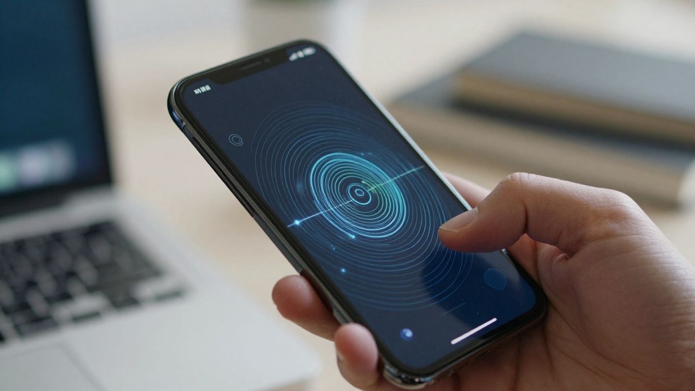 Hand holding smartphone with digital interface