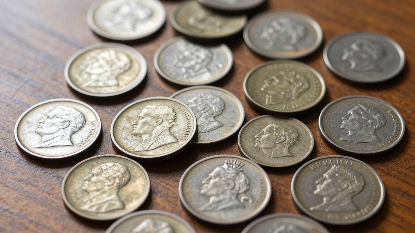 Collection of old coins, some valuable, on a wooden surface.