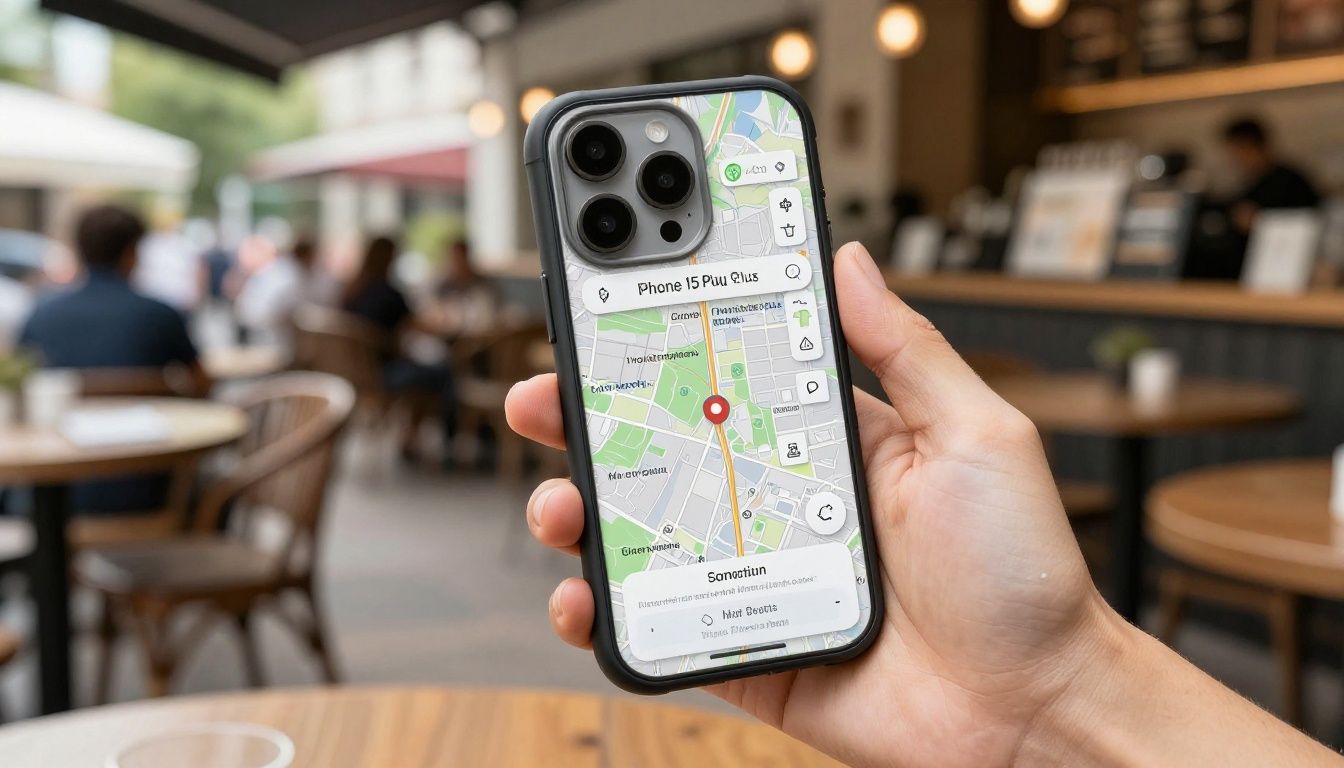 A person using their iPhone 15 Plus with a slim but protective case to navigate a map while sitting at an outdoor cafe in a travel destination.