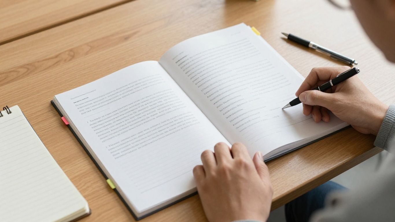 Teacher reviewing two essay drafts with notes