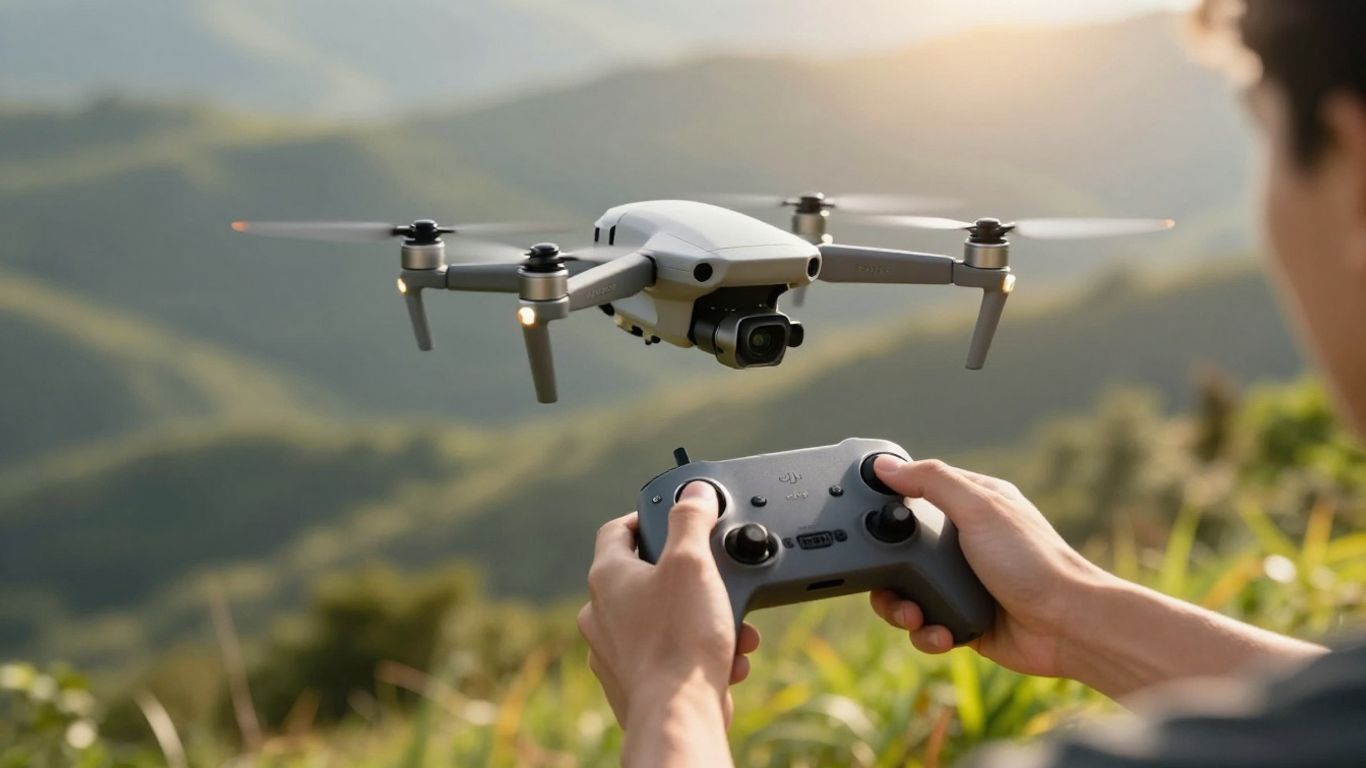 DJI drone and controller in flight