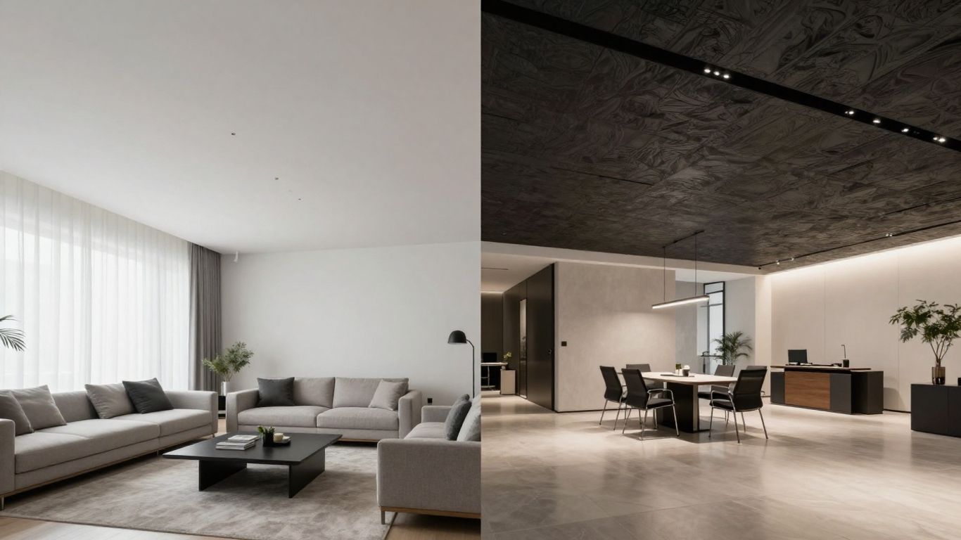 Residential and commercial stretch ceiling designs side-by-side.