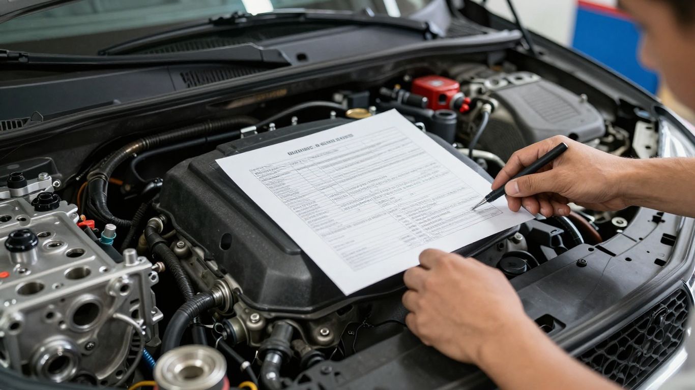 Technician checking replacement engine details