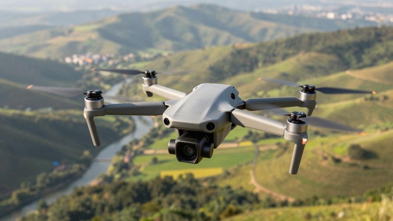 DJI Mini 4 Pro drone capturing aerial landscape photo.