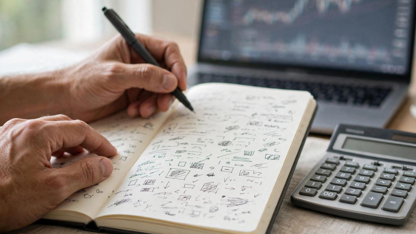 A trader reviewing position size and risk notes