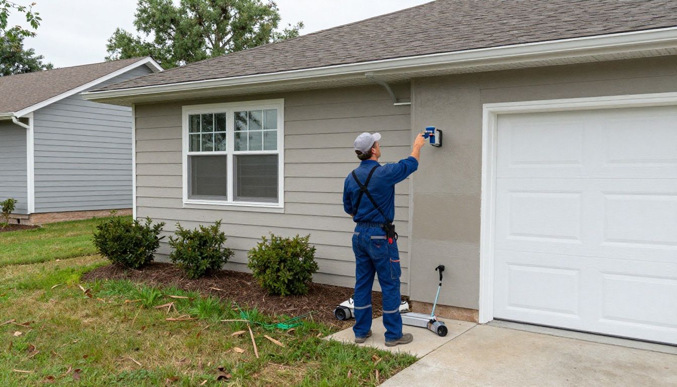 A professional stucco contractor conducting a thorough exterior inspection of a residential home in a quiet suburban neighborhood.