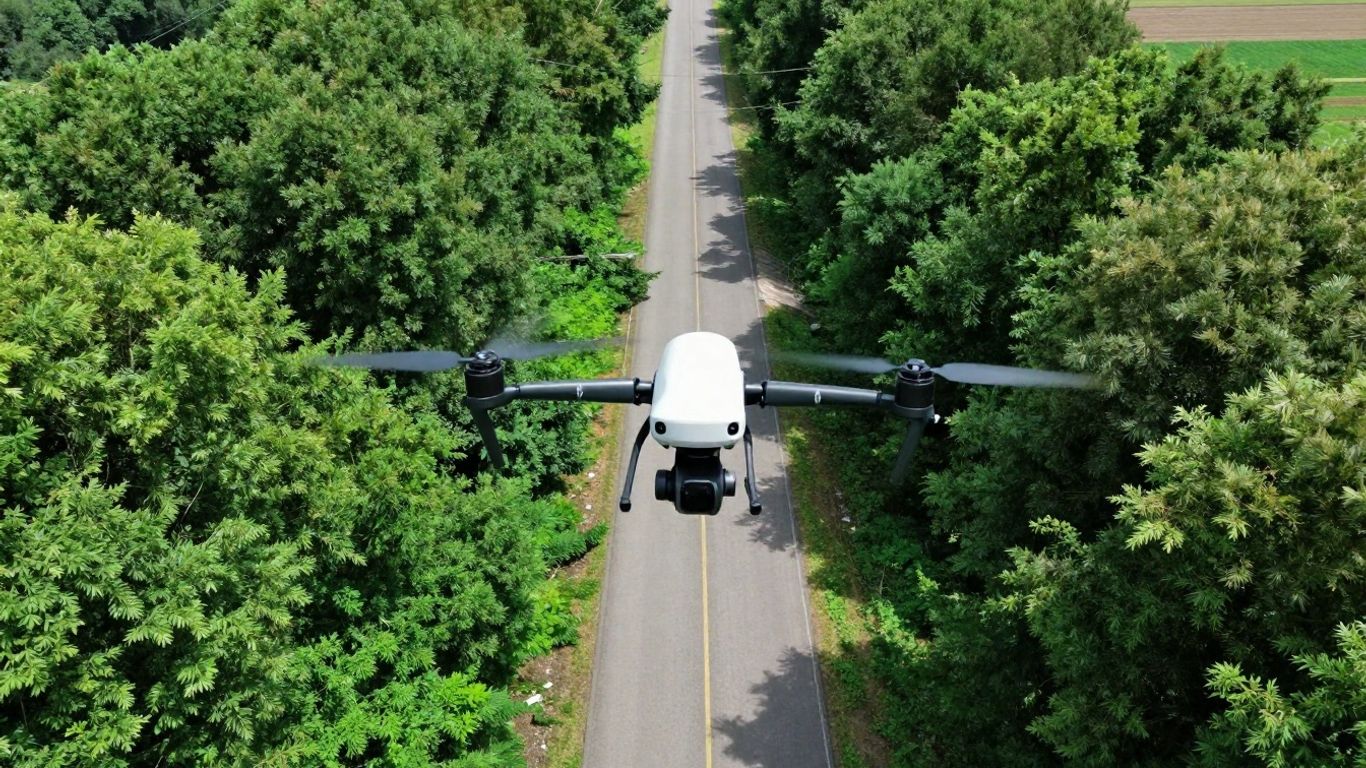 Drone inspecting power line corridor with vegetation below.