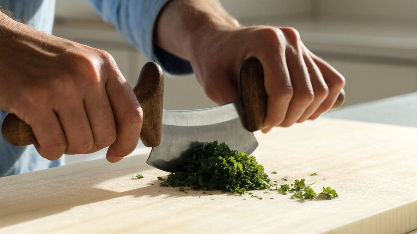 Hands rocking a mezzaluna over fresh herbs