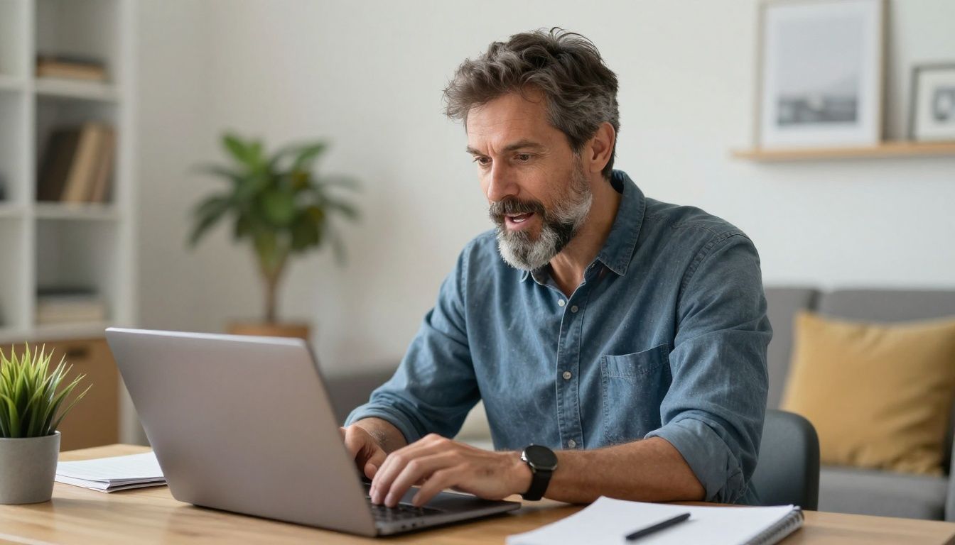 A man in his late 40s with a salt-and-pepper beard, looking energized and focused while working on a laptop in a bright, modern living room.