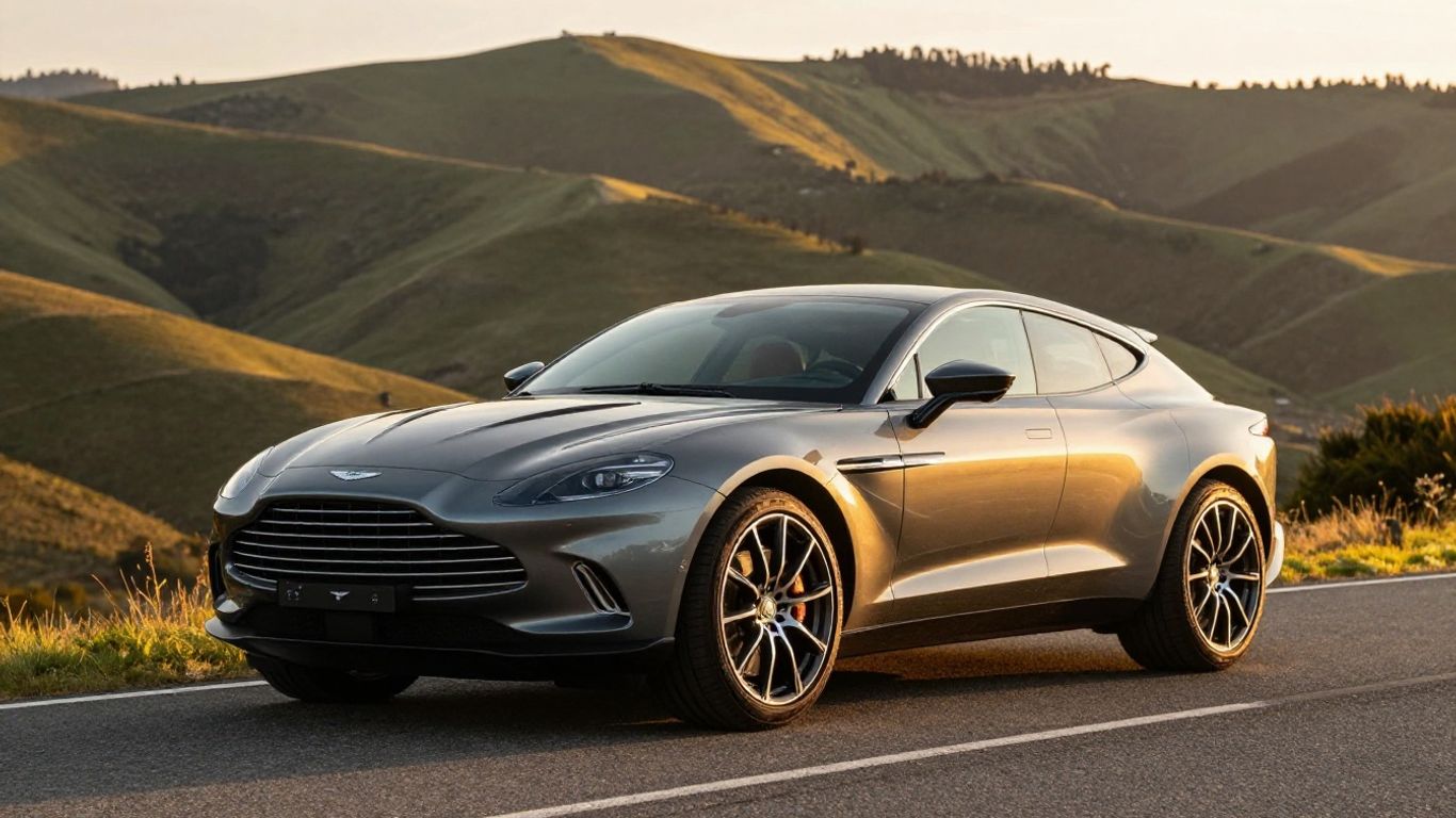 Aston Martin DBX SUV on a scenic road at sunset.